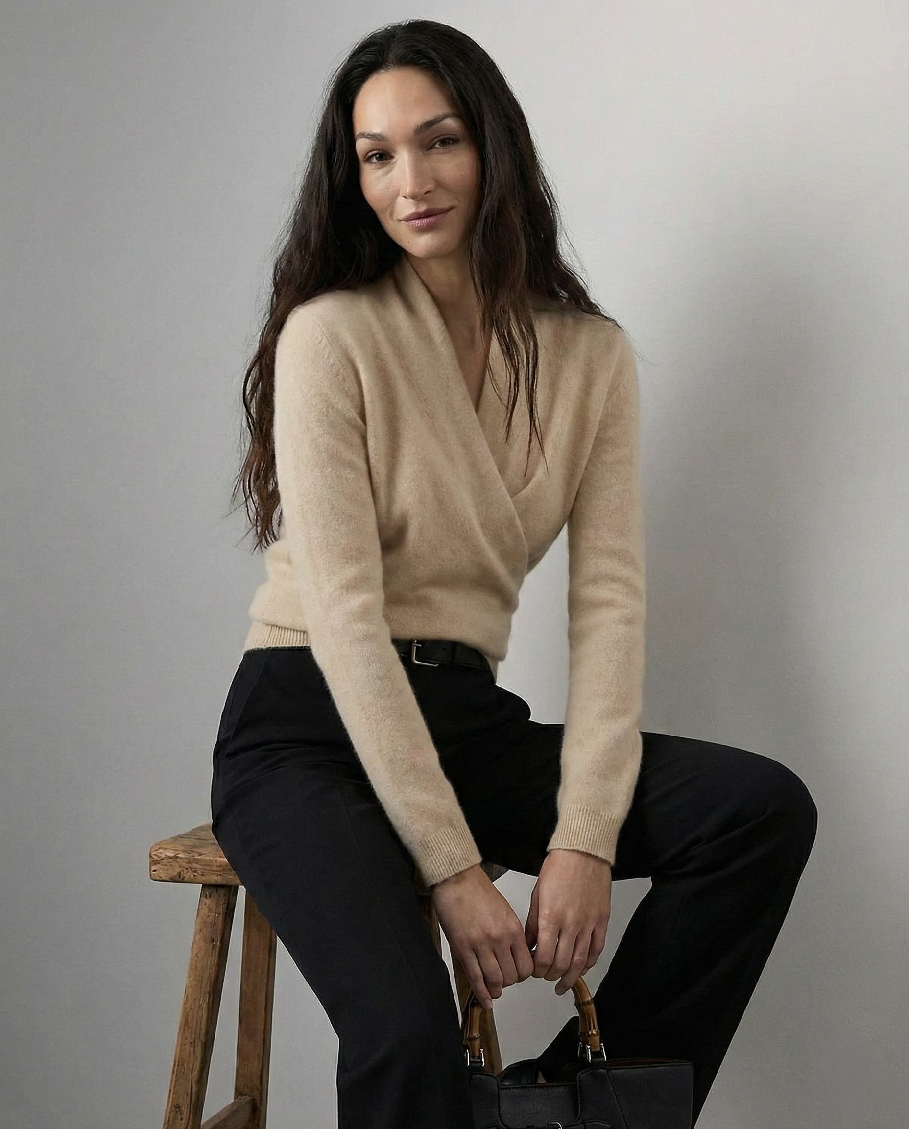 Bridget | Wrap Front Shawl Collar Cashmere Sweater - View 38