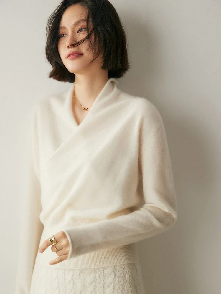 Bridget | Wrap Front Shawl Collar Cashmere Sweater - View 40
