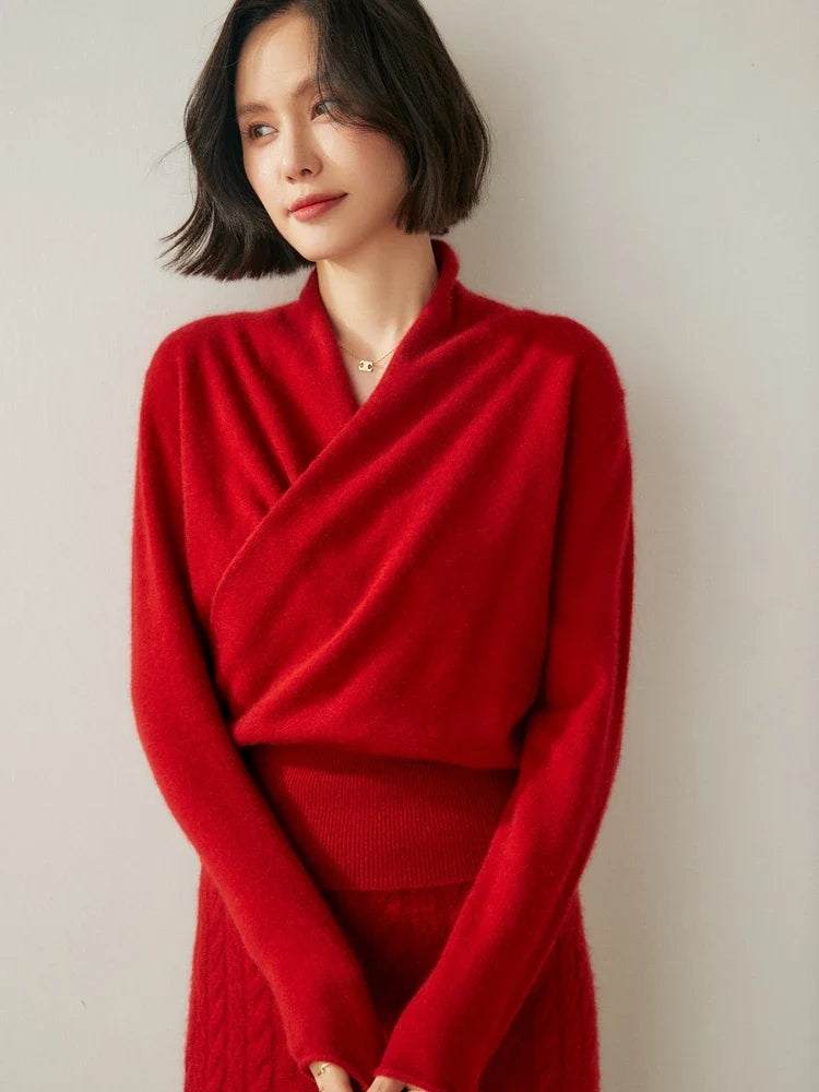 Bridget | Wrap Front Shawl Collar Cashmere Sweater - View 44