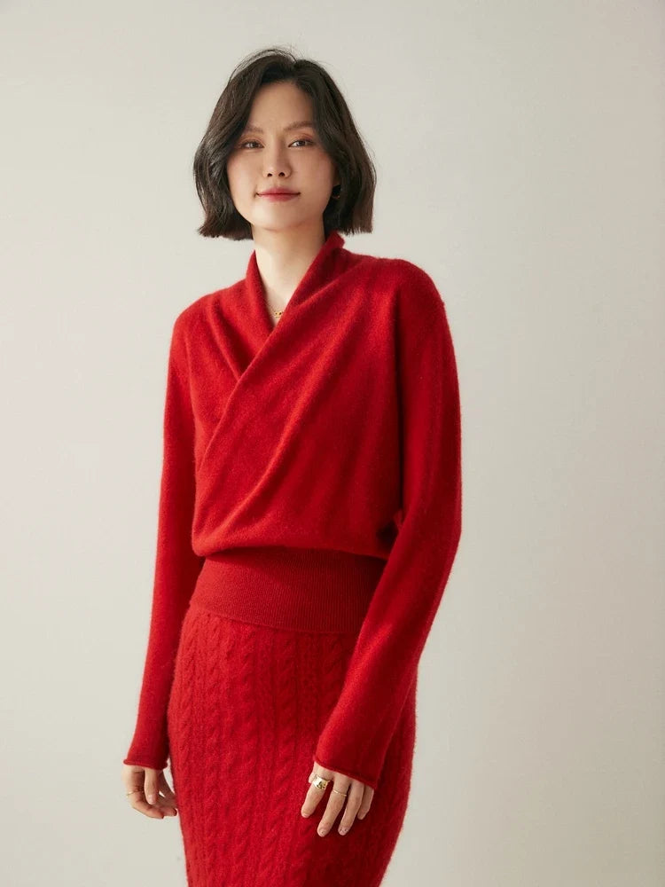 Bridget | Wrap Front Shawl Collar Cashmere Sweater - View 58