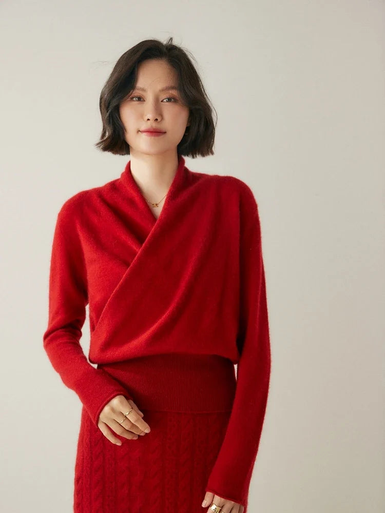 Bridget | Wrap Front Shawl Collar Cashmere Sweater - View 59