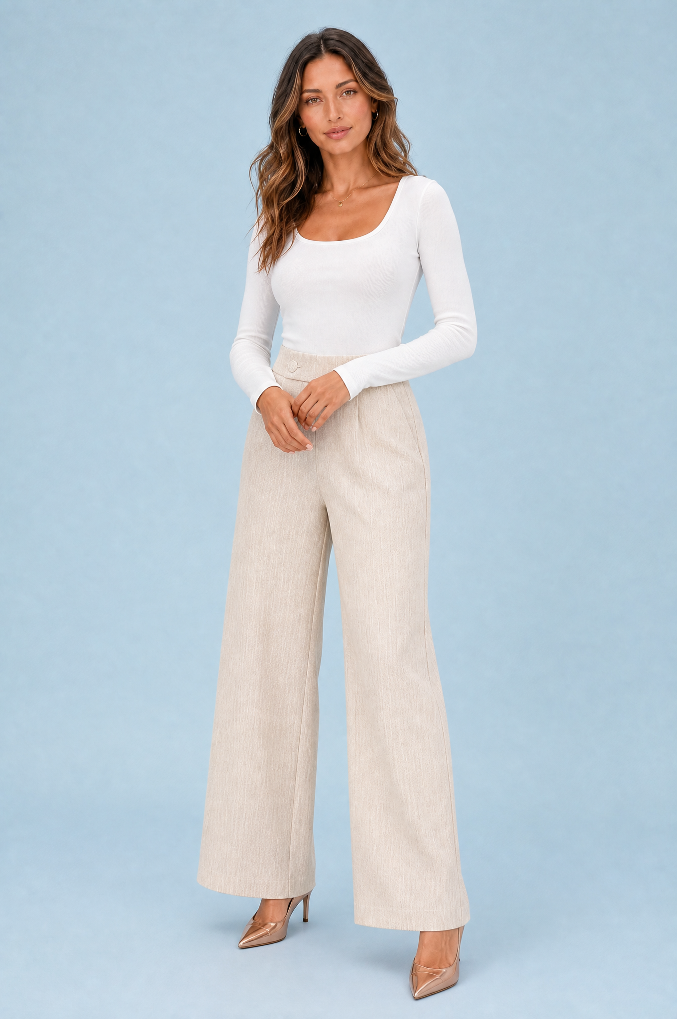 Bryony | Tab Button Brushed Twill High Waist Wide Leg Trousers - View 11