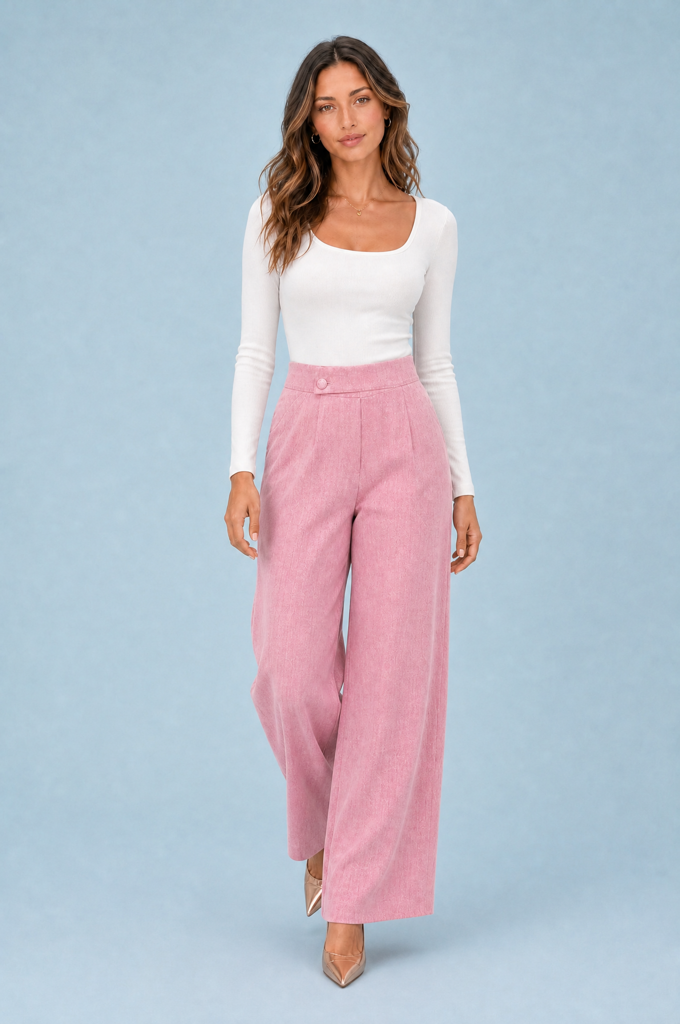 Bryony | Tab Button Brushed Twill High Waist Wide Leg Trousers - View 3