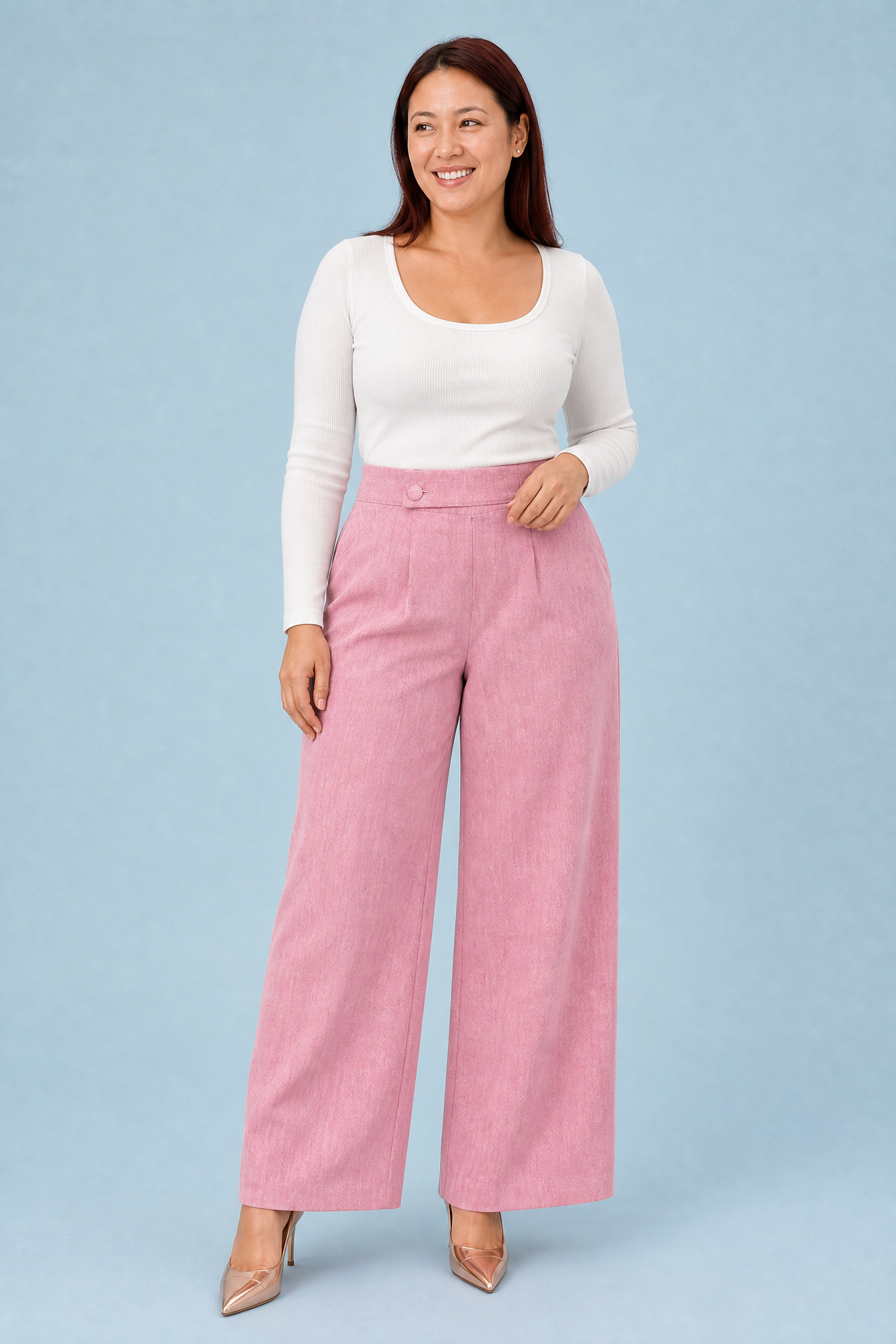 Bryony | Tab Button Brushed Twill High Waist Wide Leg Trousers - View 6