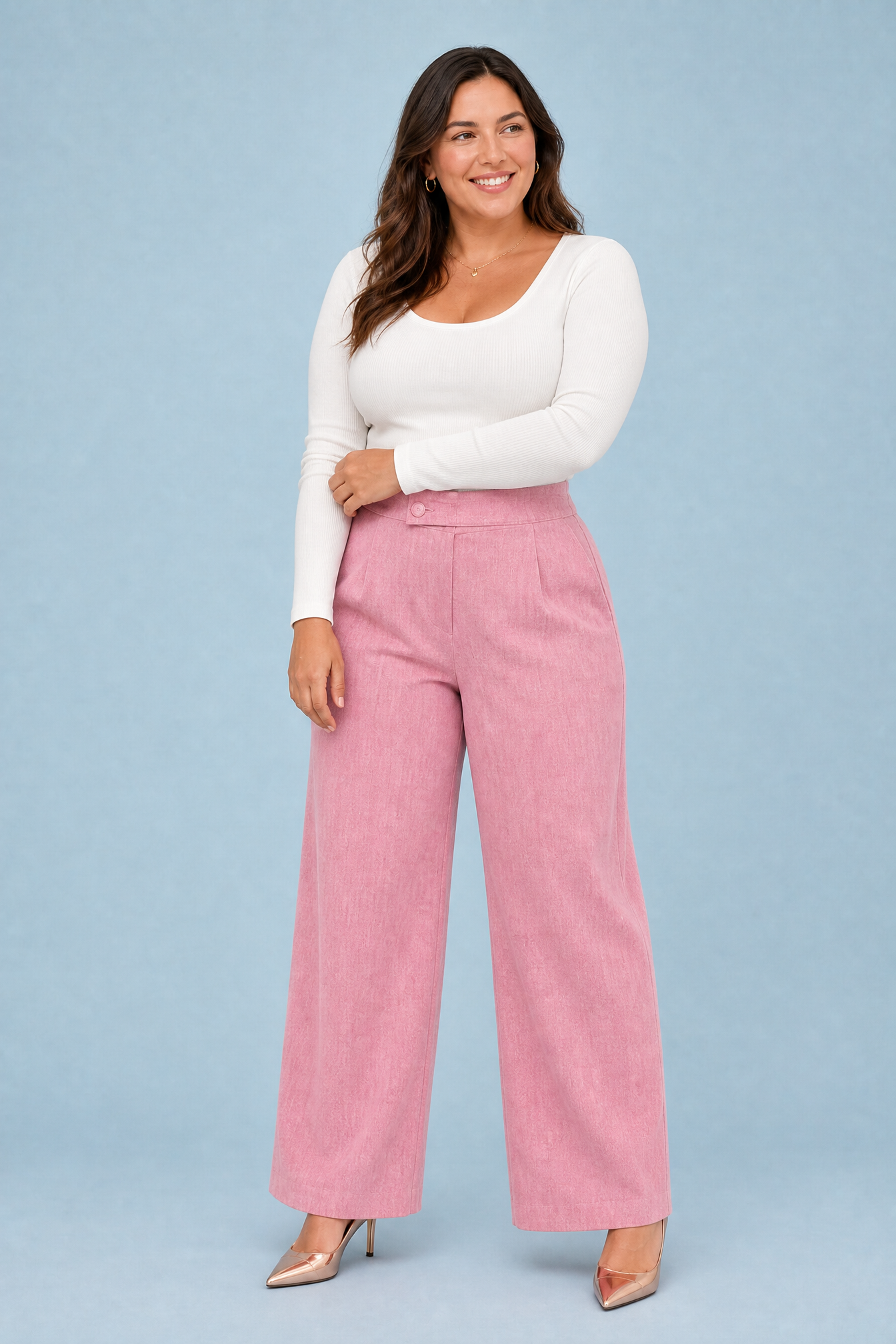 Bryony | Tab Button Brushed Twill High Waist Wide Leg Trousers - View 7