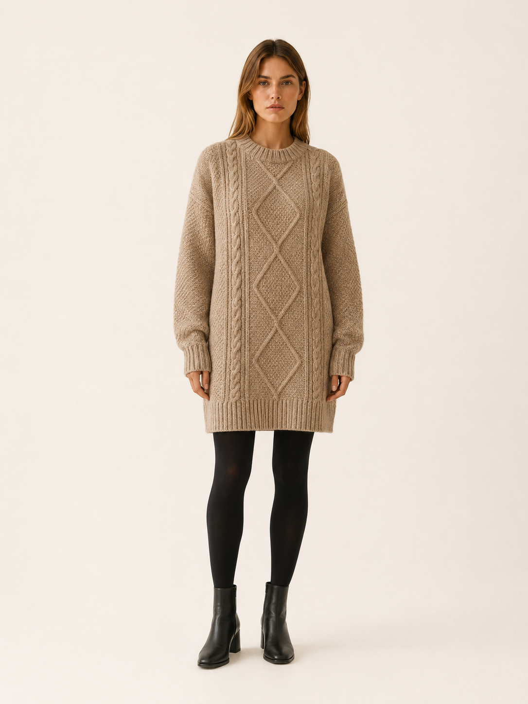 Camille | Aran Diamond Cable Knit Crew Neck Mini Dress