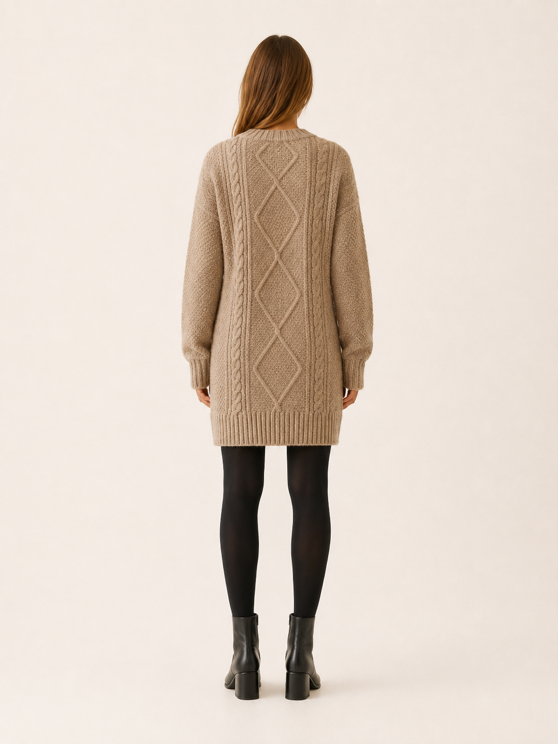 Camille | Aran Diamond Cable Knit Crew Neck Mini Dress - View 2