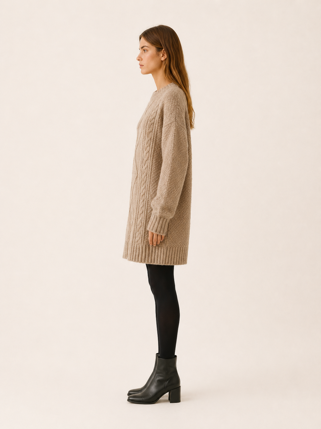 Camille | Aran Diamond Cable Knit Crew Neck Mini Dress - View 3