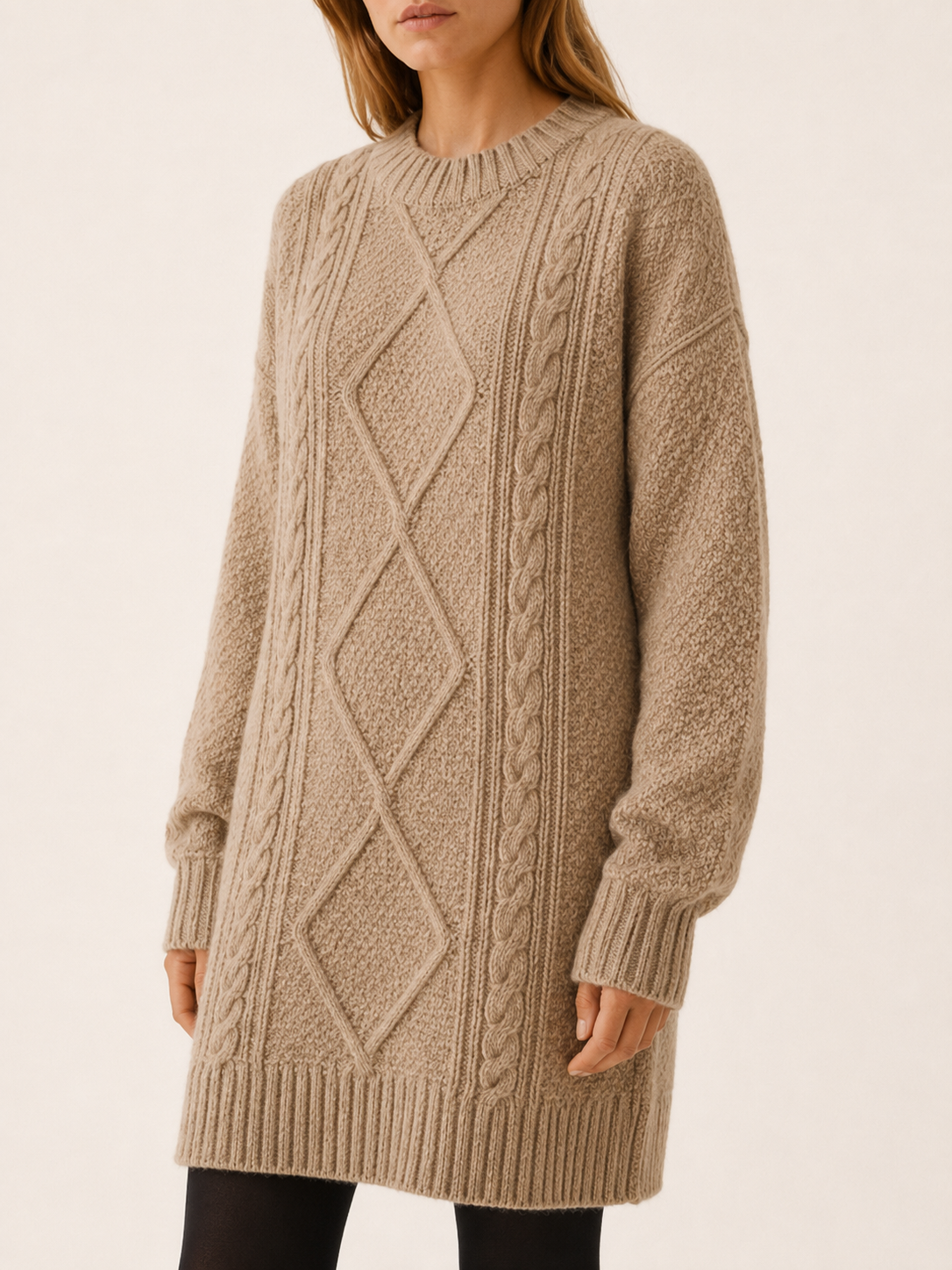 Camille | Aran Diamond Cable Knit Crew Neck Mini Dress - View 4