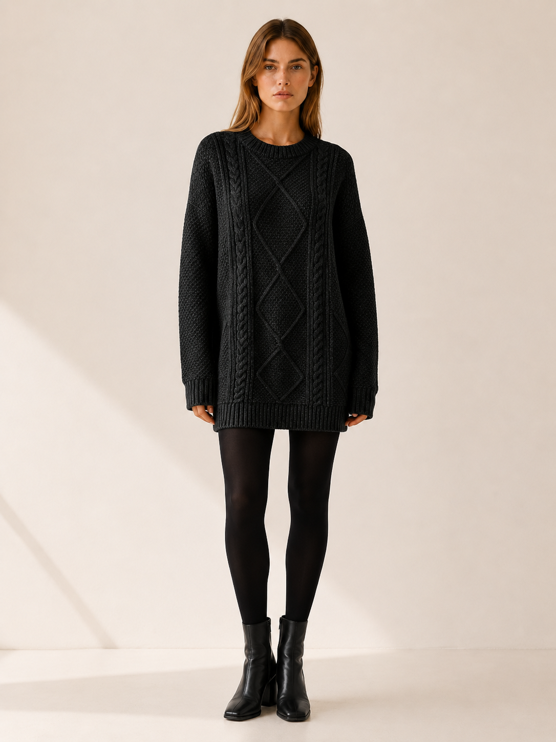 Camille | Aran Diamond Cable Knit Crew Neck Mini Dress - View 6