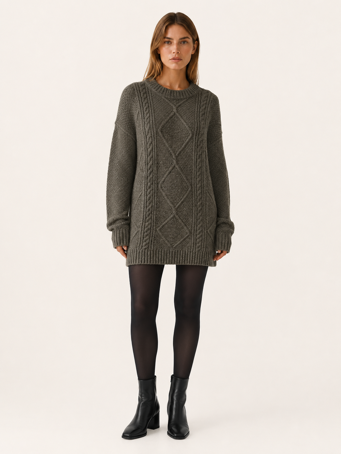 Camille | Aran Diamond Cable Knit Crew Neck Mini Dress - View 7