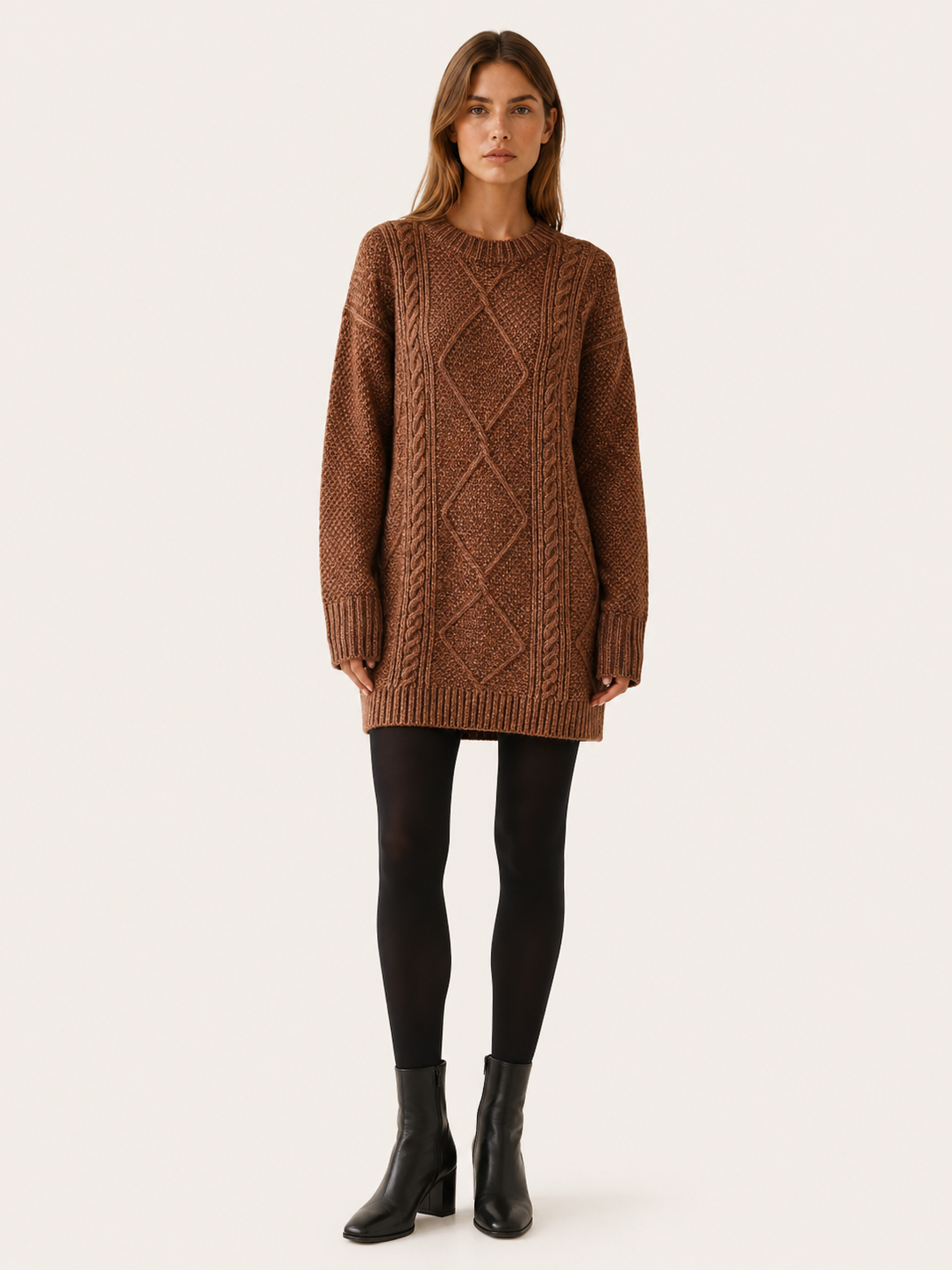 Camille | Aran Diamond Cable Knit Crew Neck Mini Dress - View 8