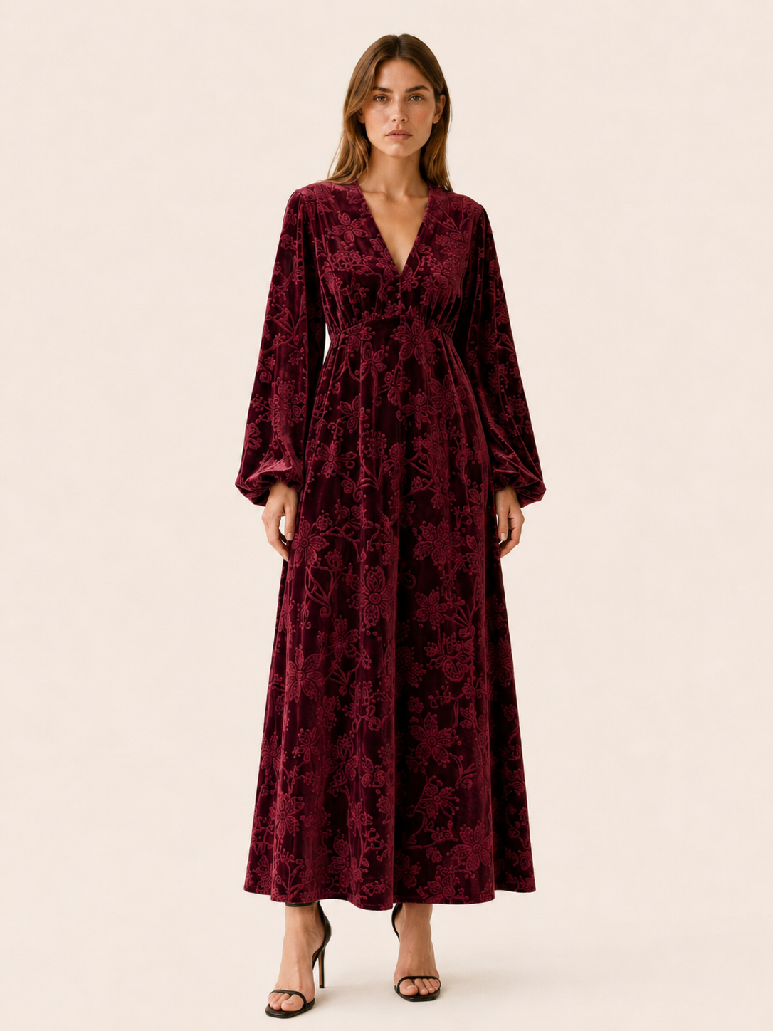 Cecily | Burnout Velvet Balloon Sleeve V Neck Maxi Dress