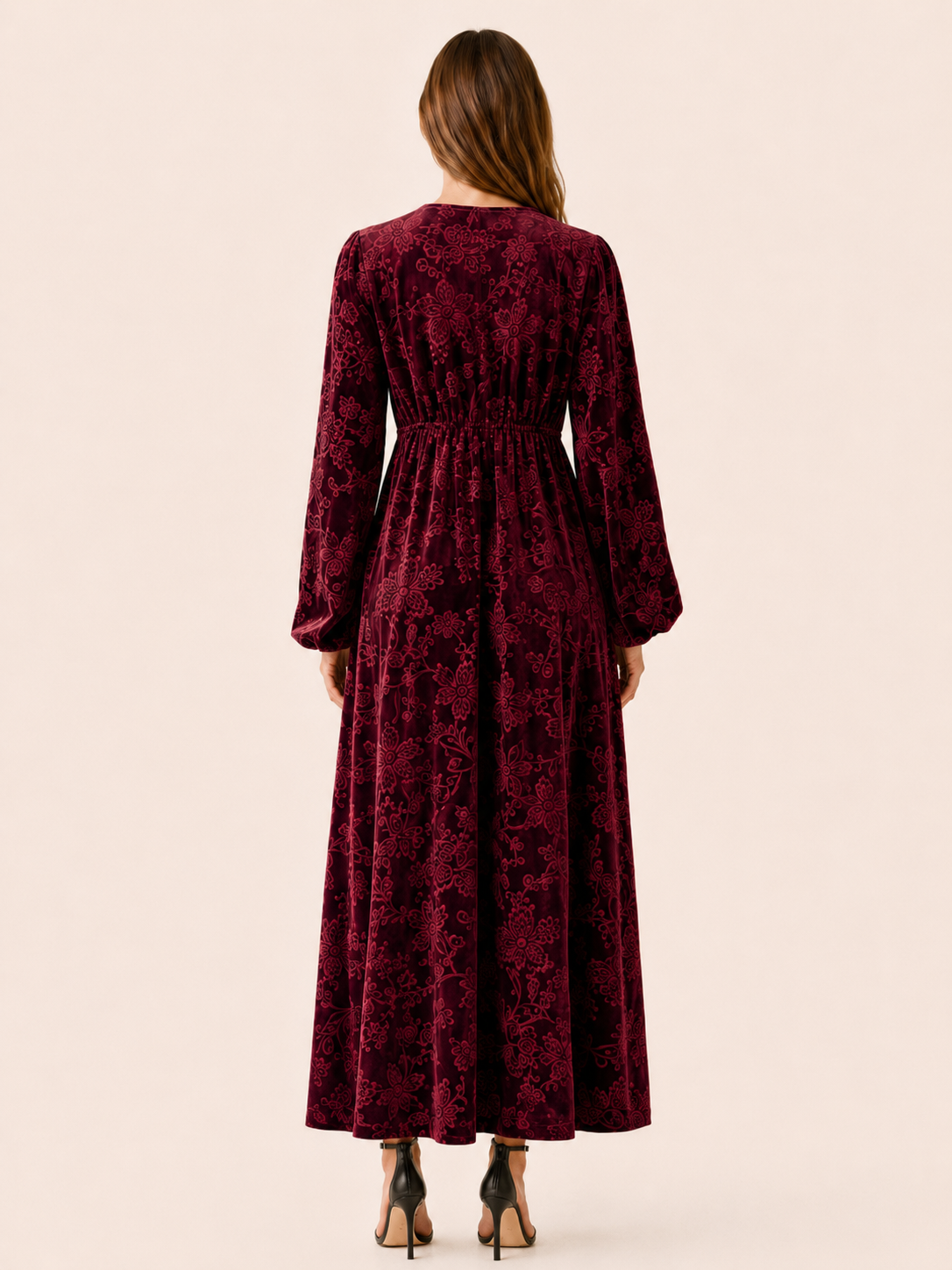 Cecily | Burnout Velvet Balloon Sleeve V Neck Maxi Dress - View 2