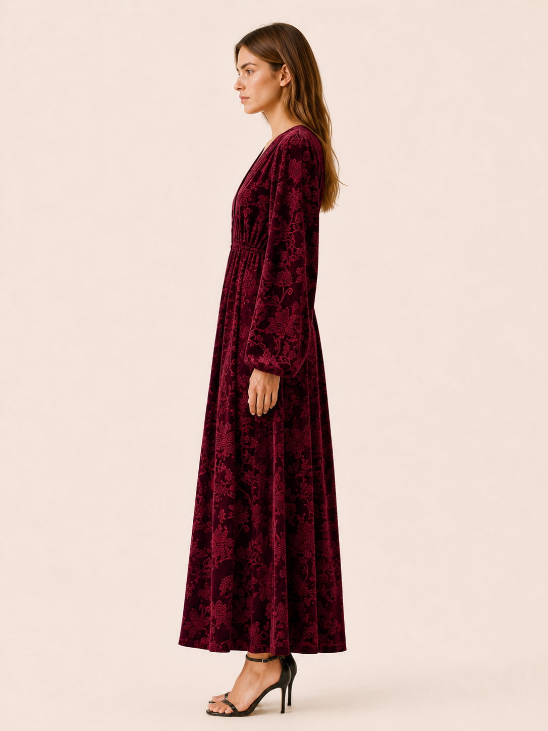 Cecily | Burnout Velvet Balloon Sleeve V Neck Maxi Dress - View 3