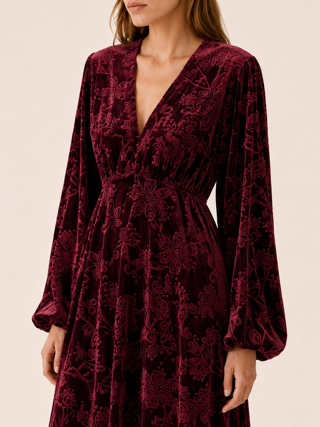 Cecily | Burnout Velvet Balloon Sleeve V Neck Maxi Dress - View 4