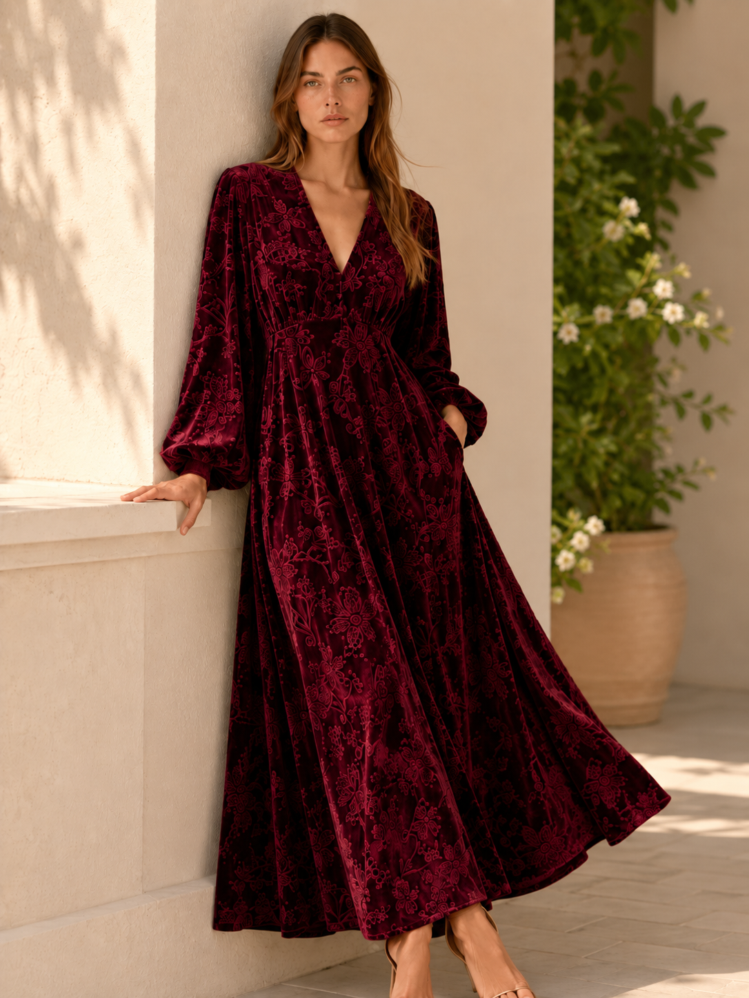 Cecily | Burnout Velvet Balloon Sleeve V Neck Maxi Dress - View 5