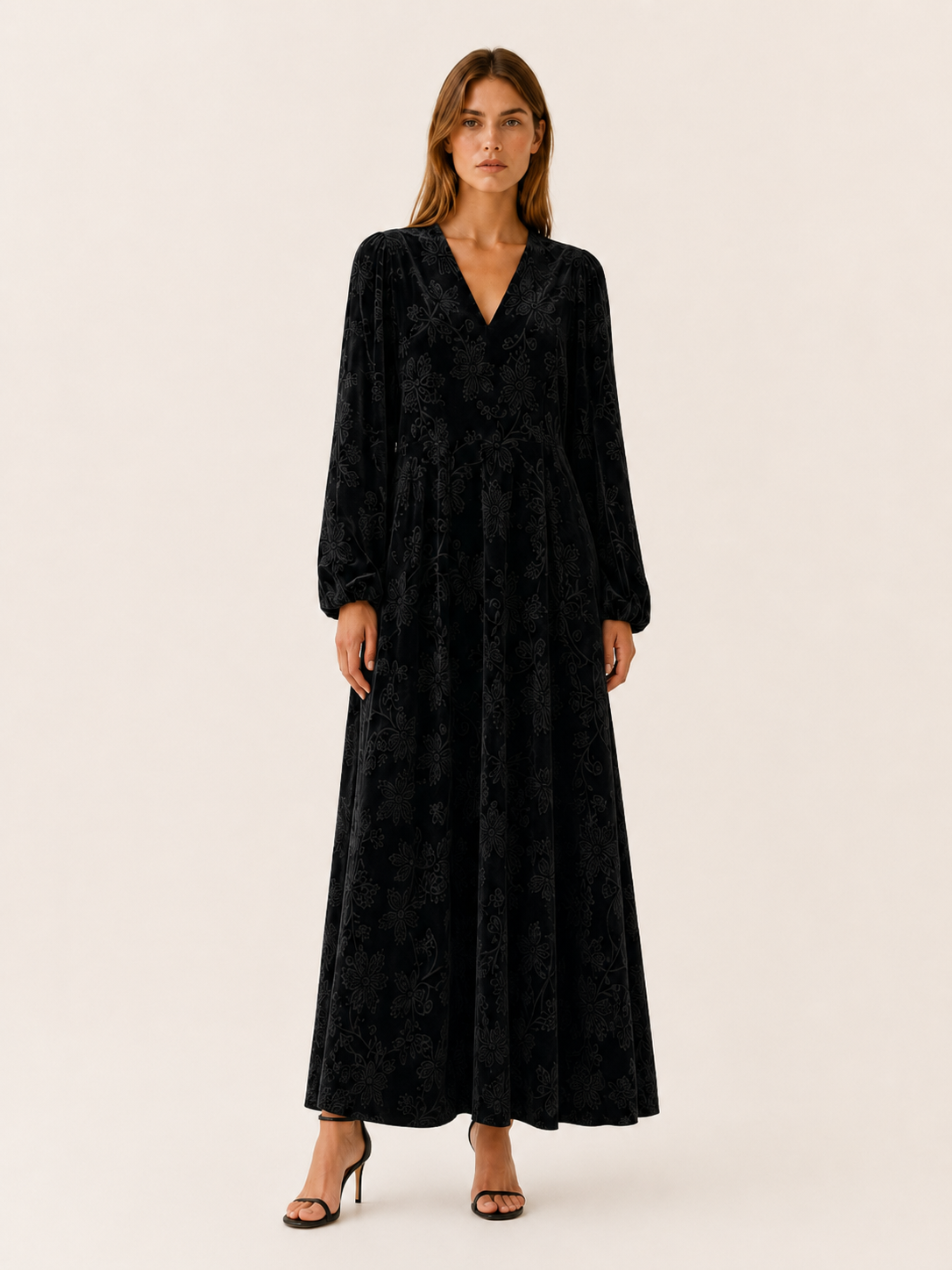 Cecily | Burnout Velvet Balloon Sleeve V Neck Maxi Dress - View 6