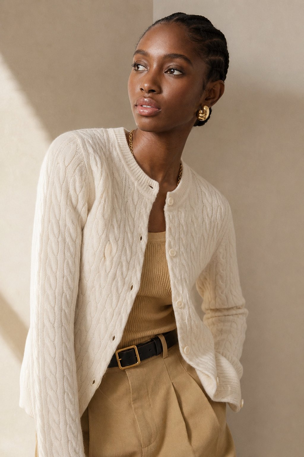 Clemence | Fine Cable Knit Round Neck Cashmere Cardigan