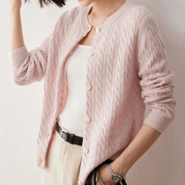 Clemence | Fine Cable Knit Round Neck Cashmere Cardigan - View 11