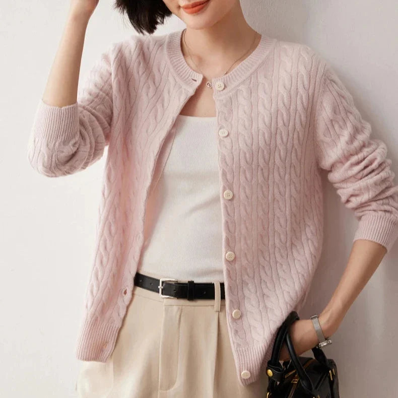 Clemence | Fine Cable Knit Round Neck Cashmere Cardigan - View 12