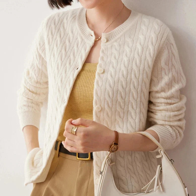 Clemence | Fine Cable Knit Round Neck Cashmere Cardigan - View 13