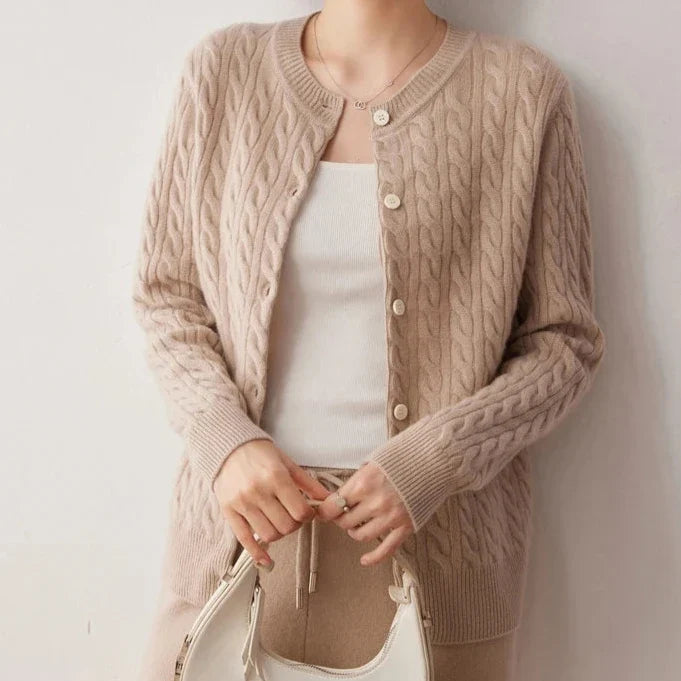 Clemence | Fine Cable Knit Round Neck Cashmere Cardigan - View 14