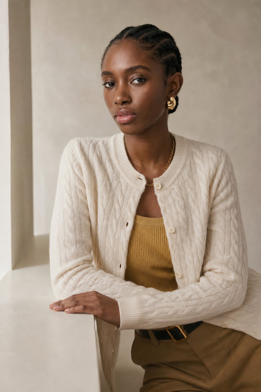 Clemence | Fine Cable Knit Round Neck Cashmere Cardigan - View 2
