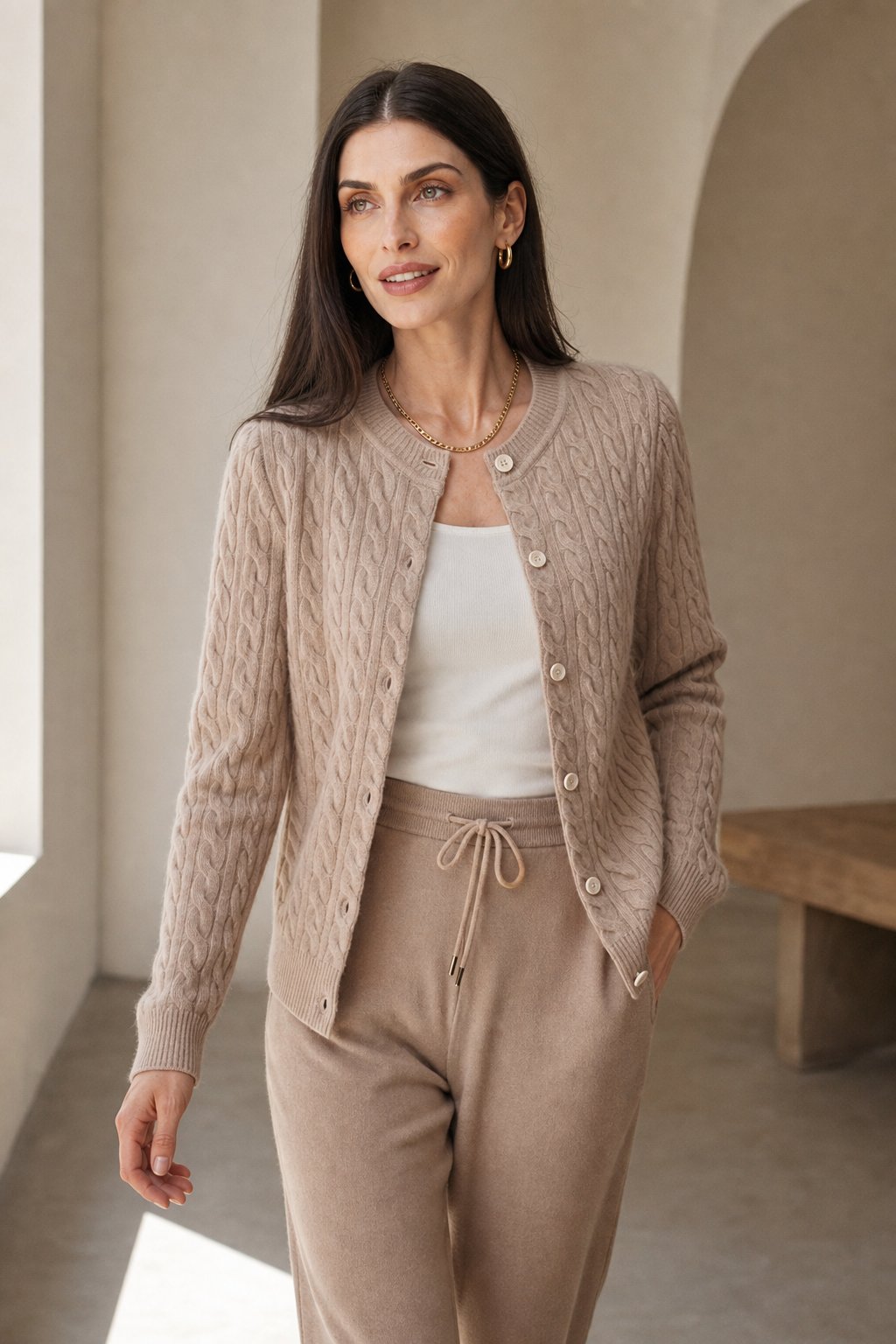 Clemence | Fine Cable Knit Round Neck Cashmere Cardigan - View 3