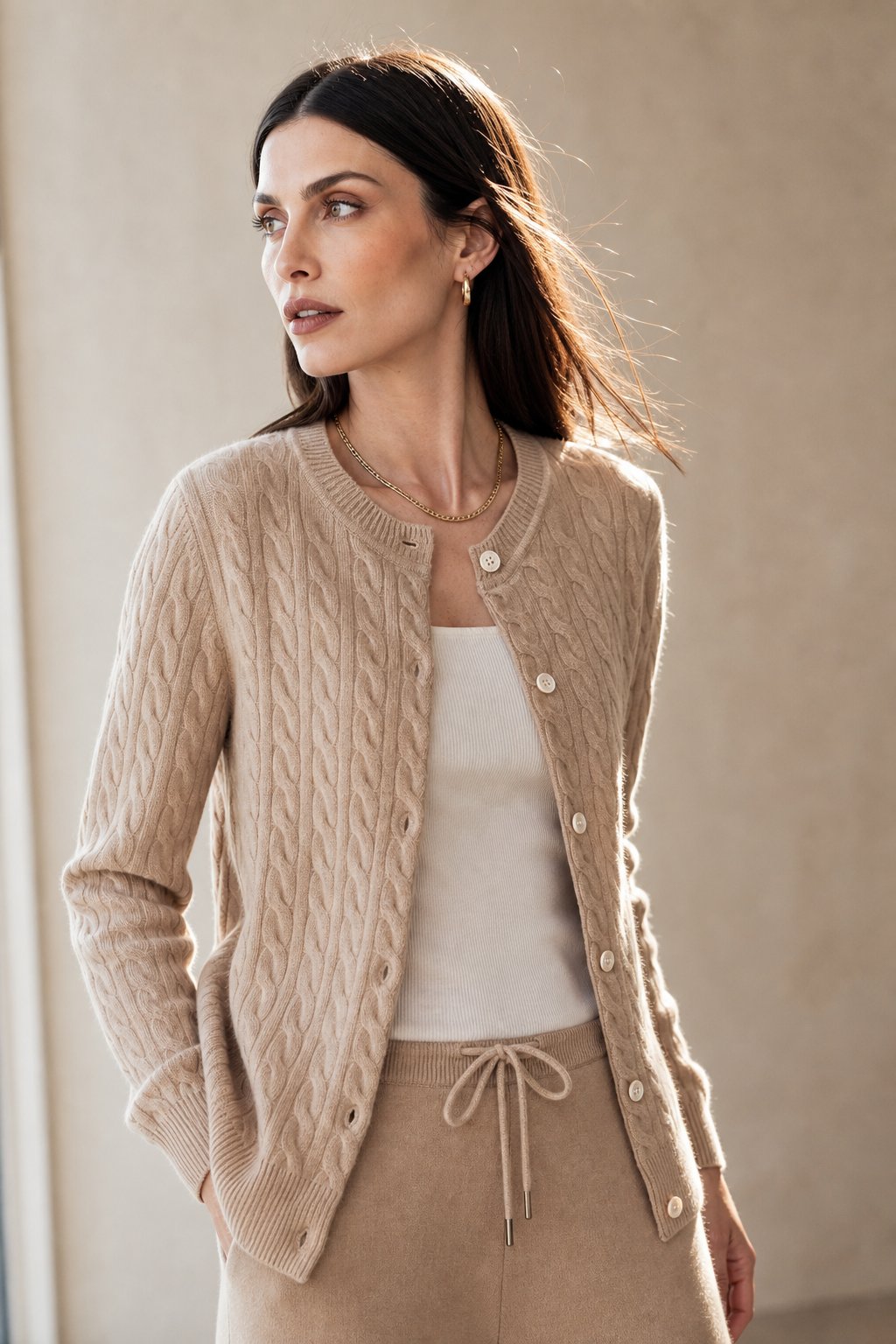 Clemence | Fine Cable Knit Round Neck Cashmere Cardigan - View 4
