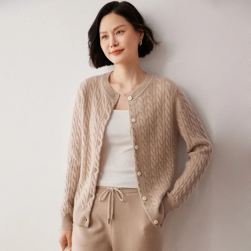 Clemence | Fine Cable Knit Round Neck Cashmere Cardigan - View 7