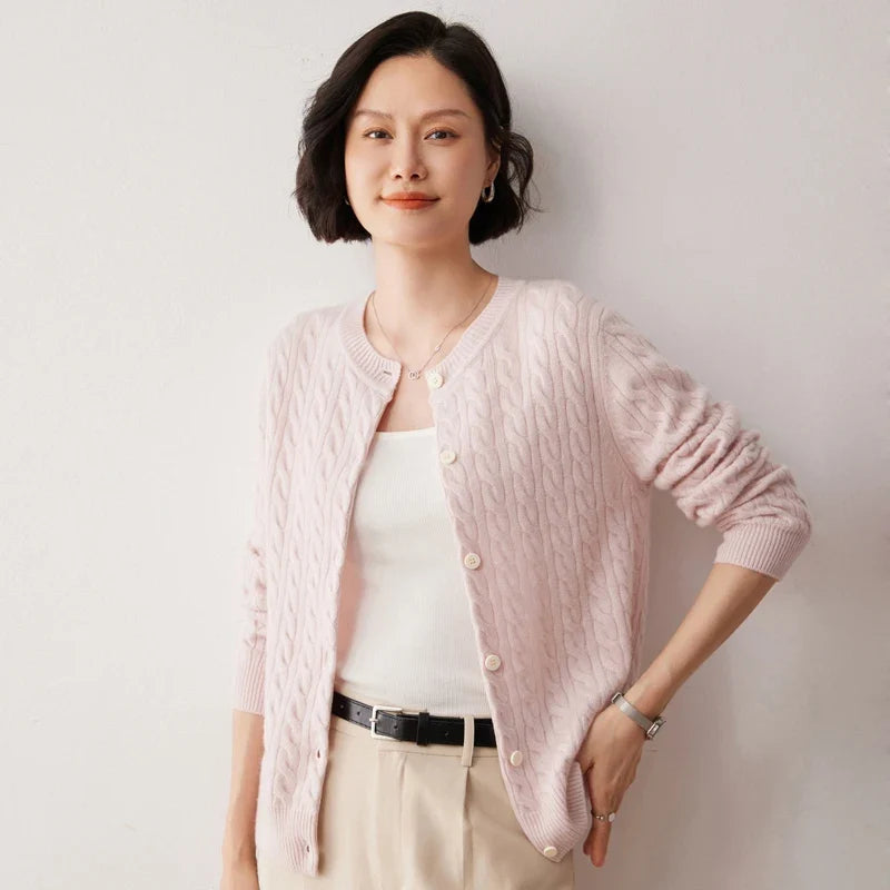Clemence | Fine Cable Knit Round Neck Cashmere Cardigan - View 8