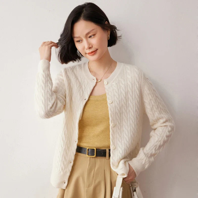 Clemence | Fine Cable Knit Round Neck Cashmere Cardigan - View 9