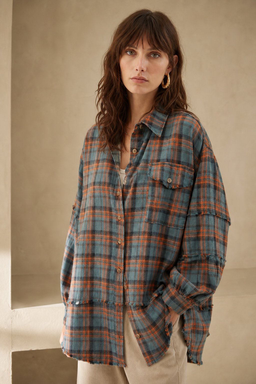 Cleo | Raw Seam Oversized Plaid Flannel Shirt Jacket - View 2