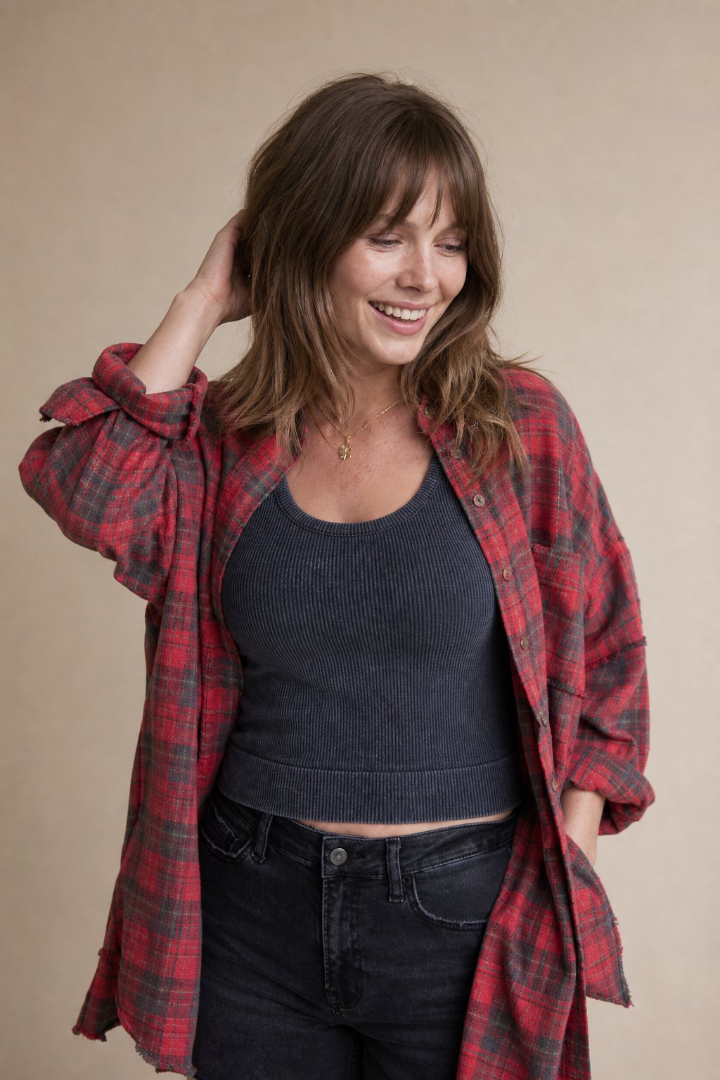 Cleo | Raw Seam Oversized Plaid Flannel Shirt Jacket - View 4