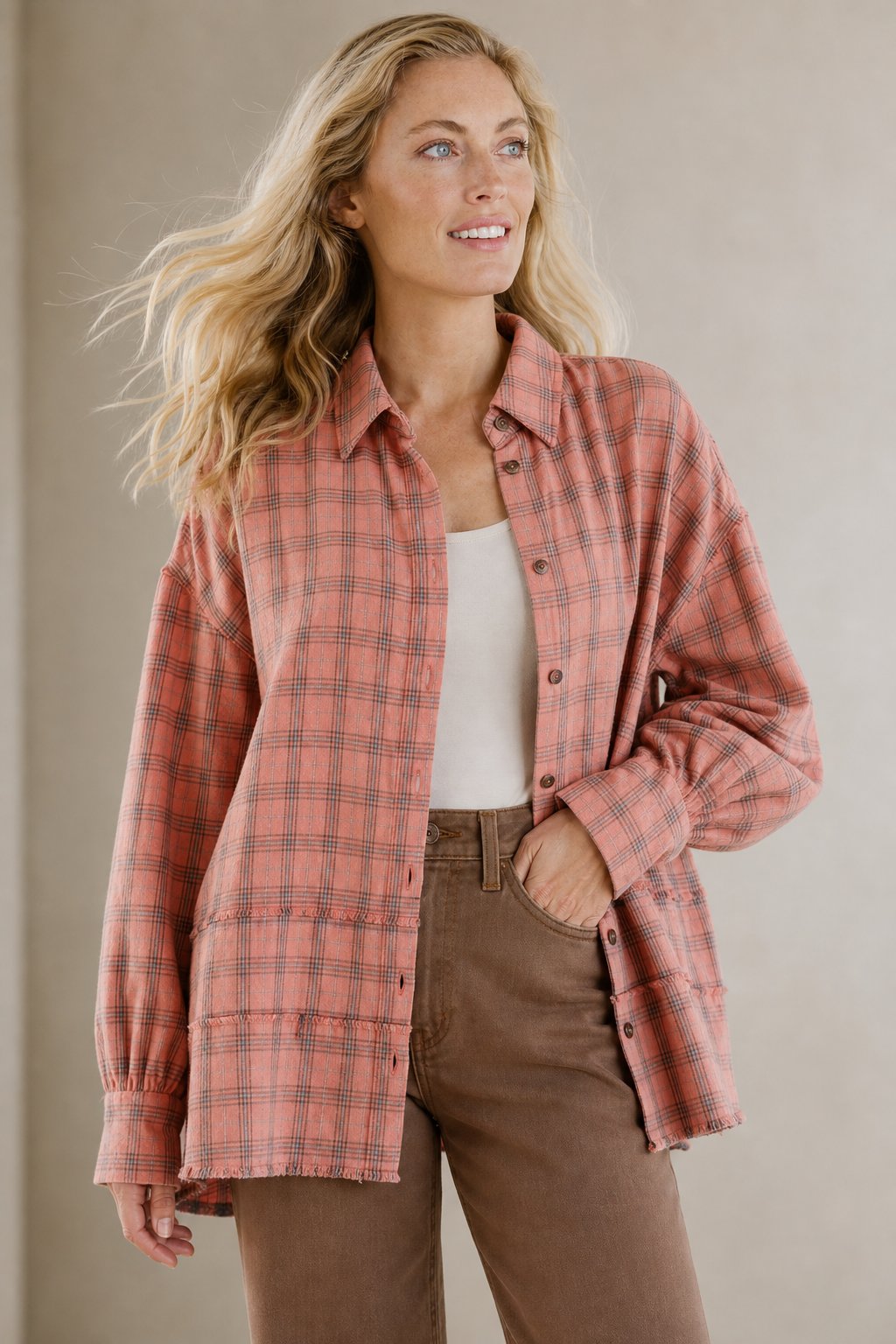 Cleo | Raw Seam Oversized Plaid Flannel Shirt Jacket - View 6