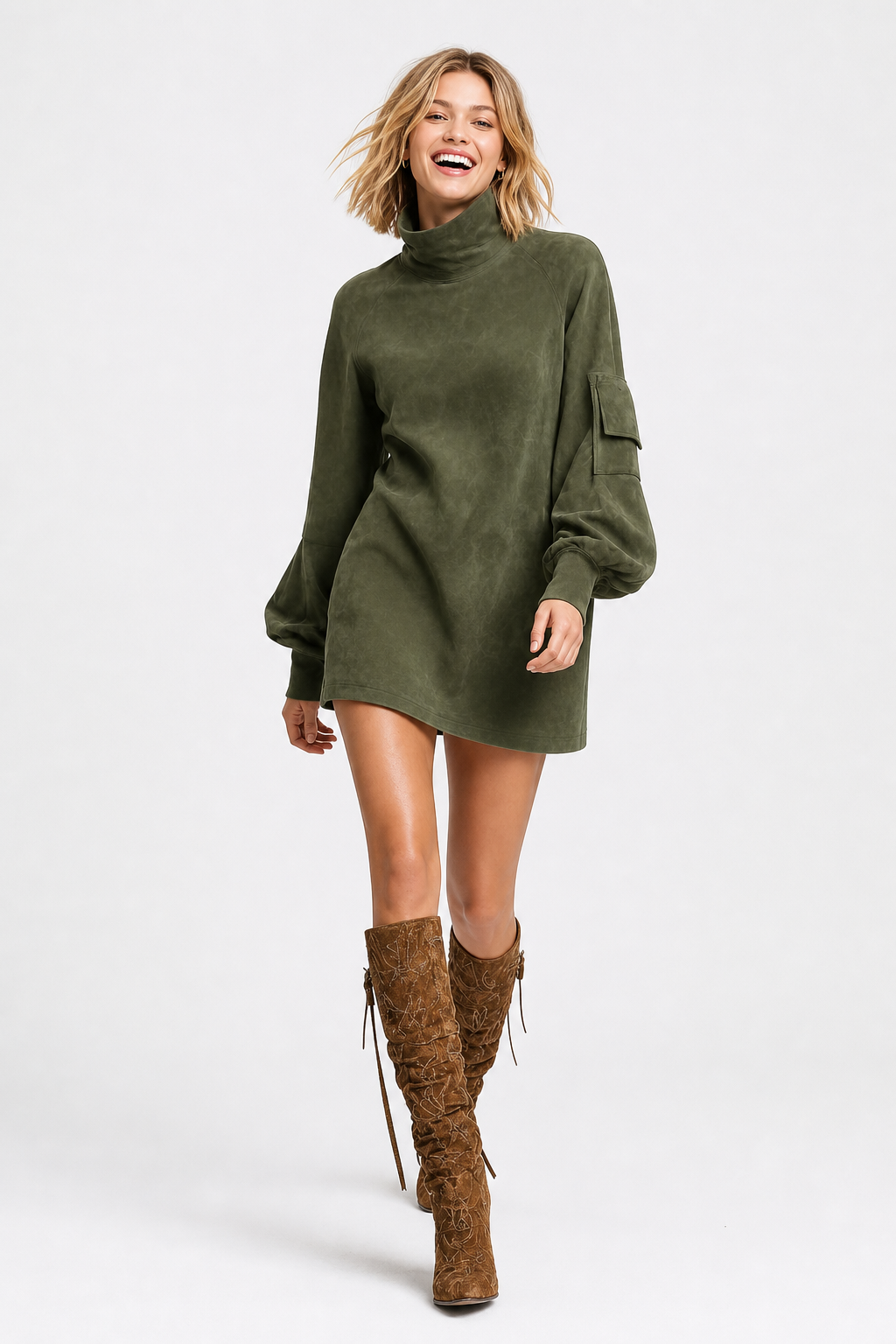 Cordelia | Oversized Suede Roll Neck Mini Sweater Dress - View 3