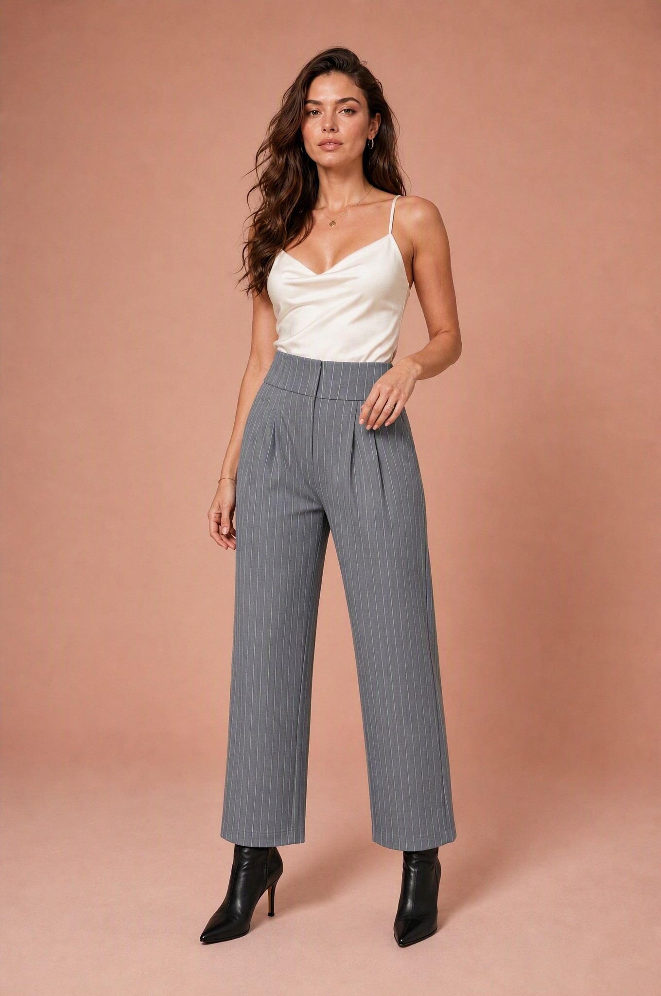 Cosette | Metallic Pinstripe Contoured Waist Wide Leg Trousers - View 14