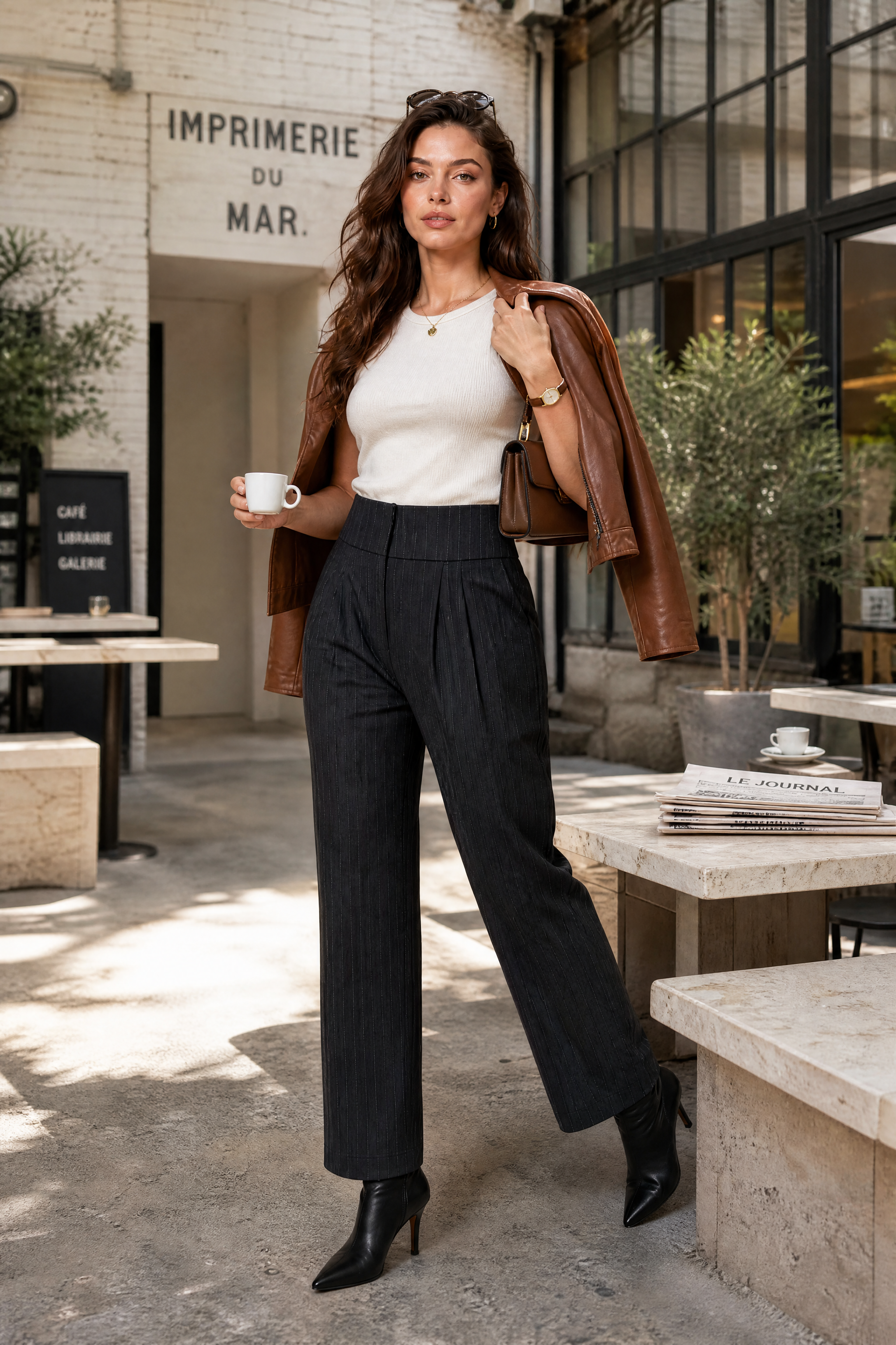 Cosette | Metallic Pinstripe Contoured Waist Wide Leg Trousers - View 2