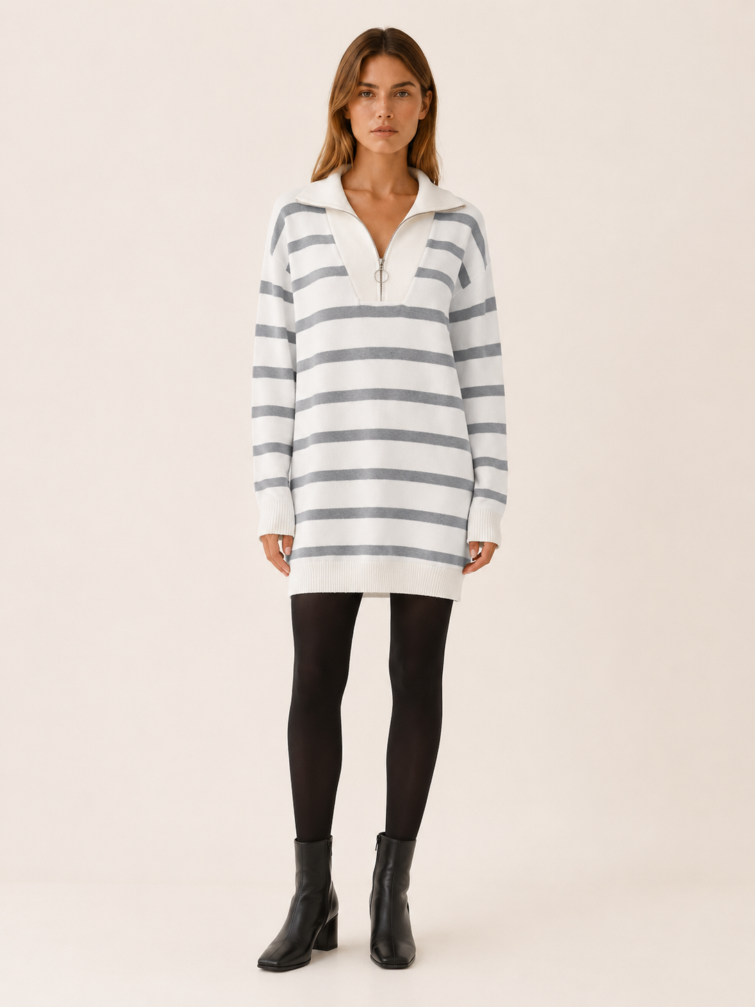 Dagmar | Contrast Collar Quarter Zip Breton Stripe Knit Dress