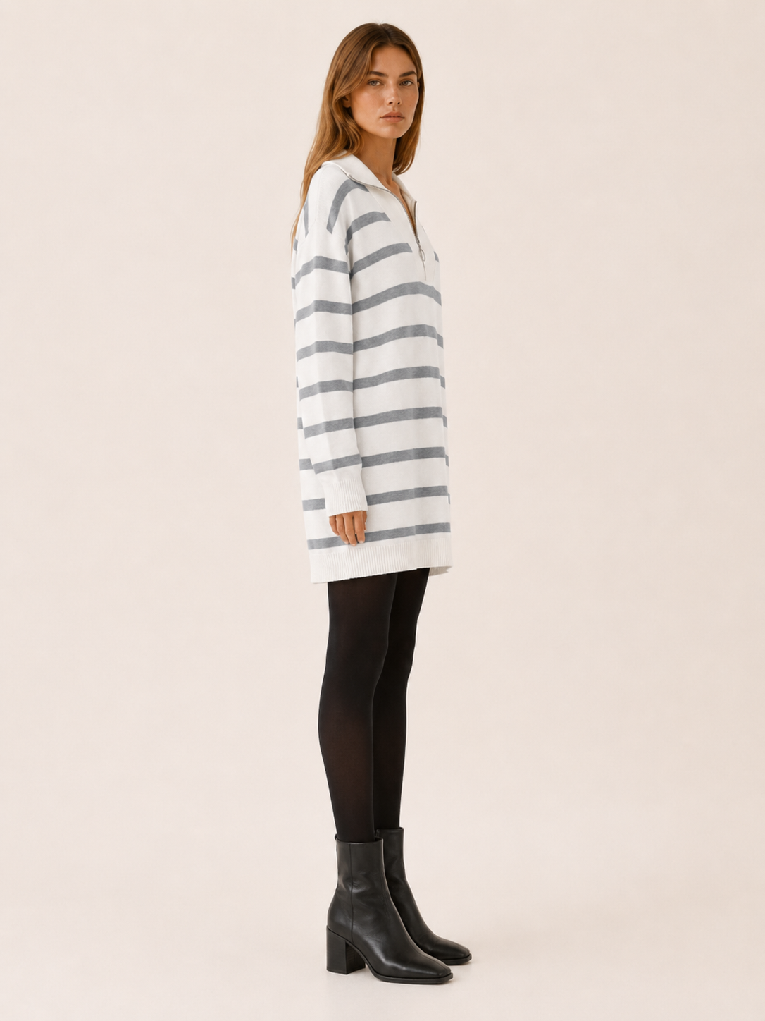 Dagmar | Contrast Collar Quarter Zip Breton Stripe Knit Dress - View 3