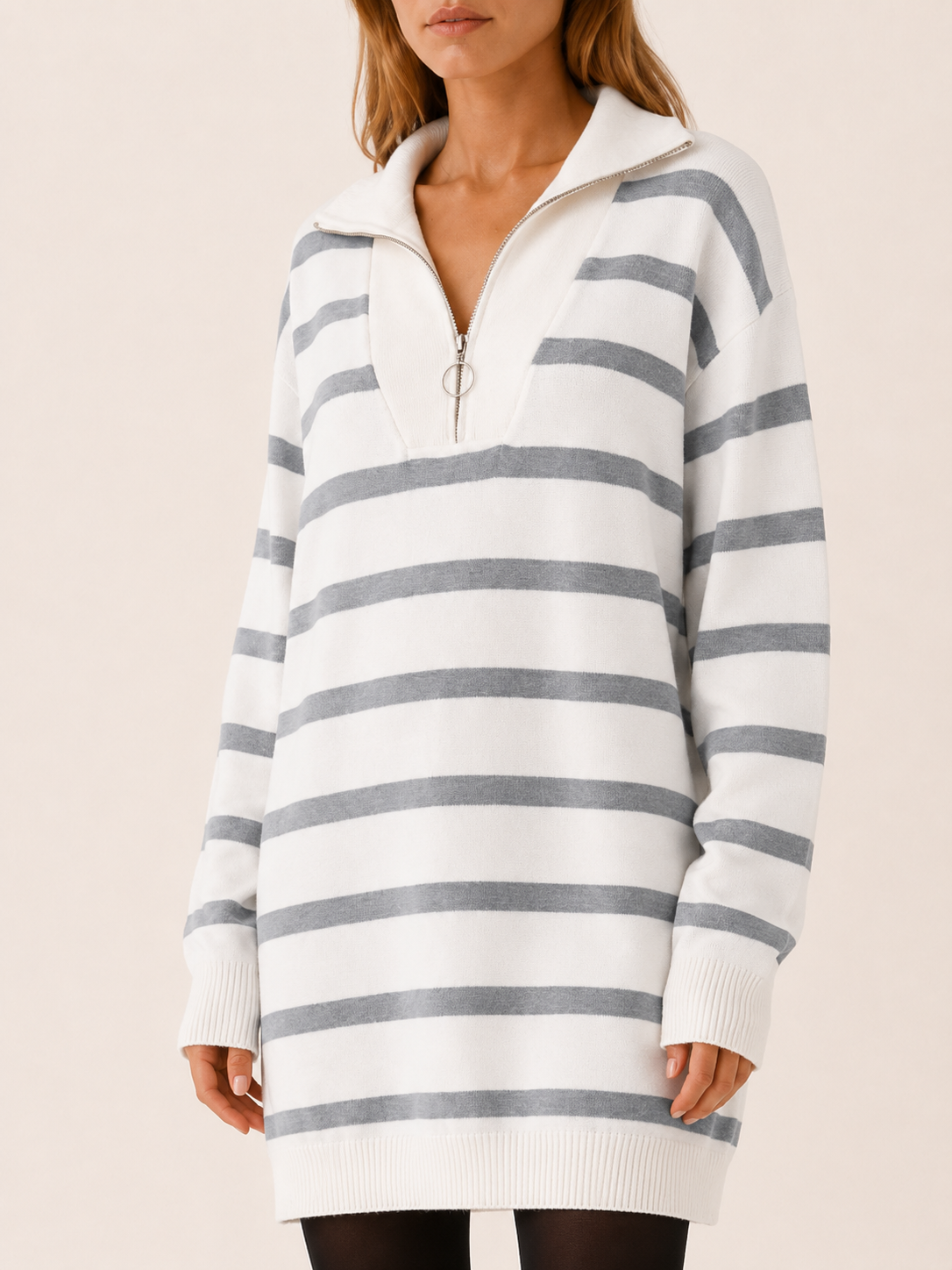 Dagmar | Contrast Collar Quarter Zip Breton Stripe Knit Dress - View 4