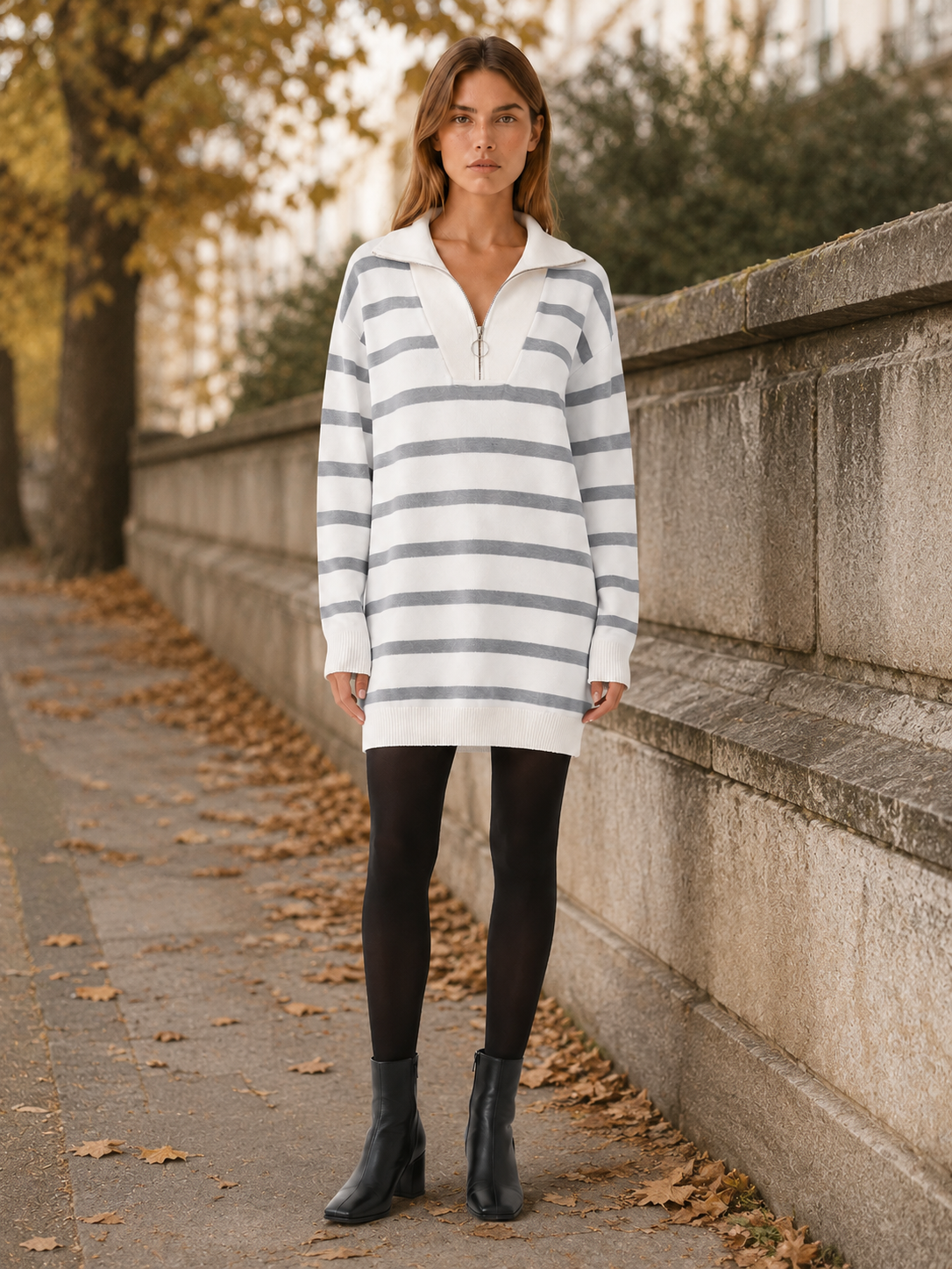 Dagmar | Contrast Collar Quarter Zip Breton Stripe Knit Dress - View 5