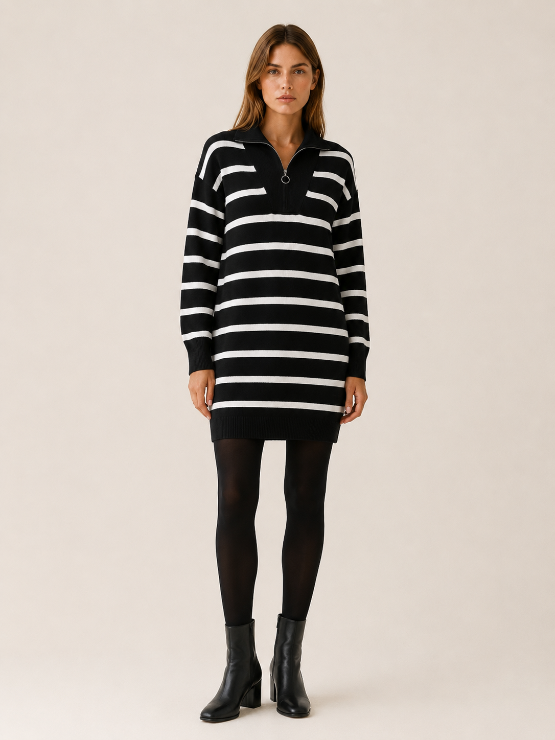 Dagmar | Contrast Collar Quarter Zip Breton Stripe Knit Dress - View 6