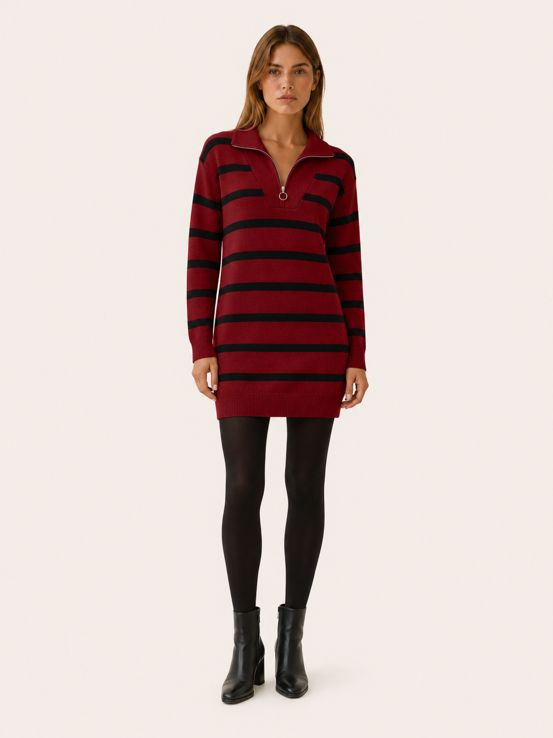 Dagmar | Contrast Collar Quarter Zip Breton Stripe Knit Dress - View 7