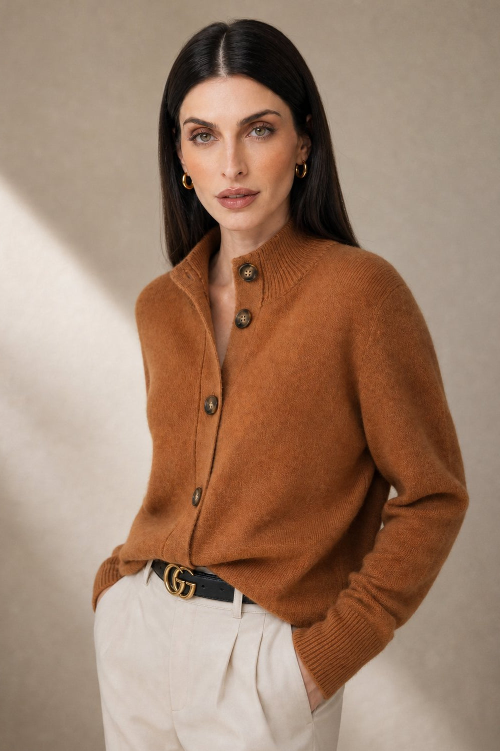 Dagny | Brushed Funnel Collar Button Front Knit Cardigan