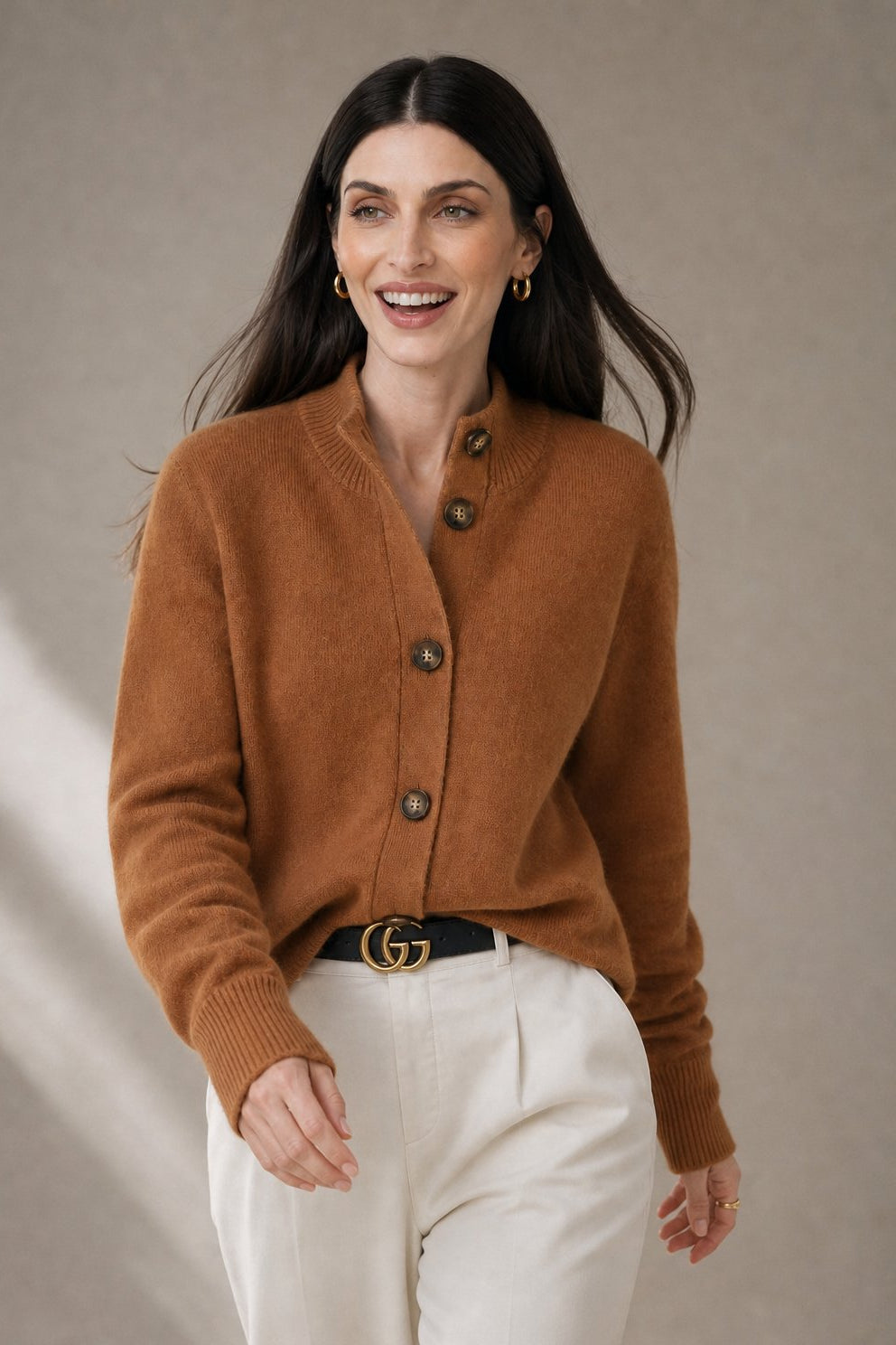 Dagny | Brushed Funnel Collar Button Front Knit Cardigan - View 2