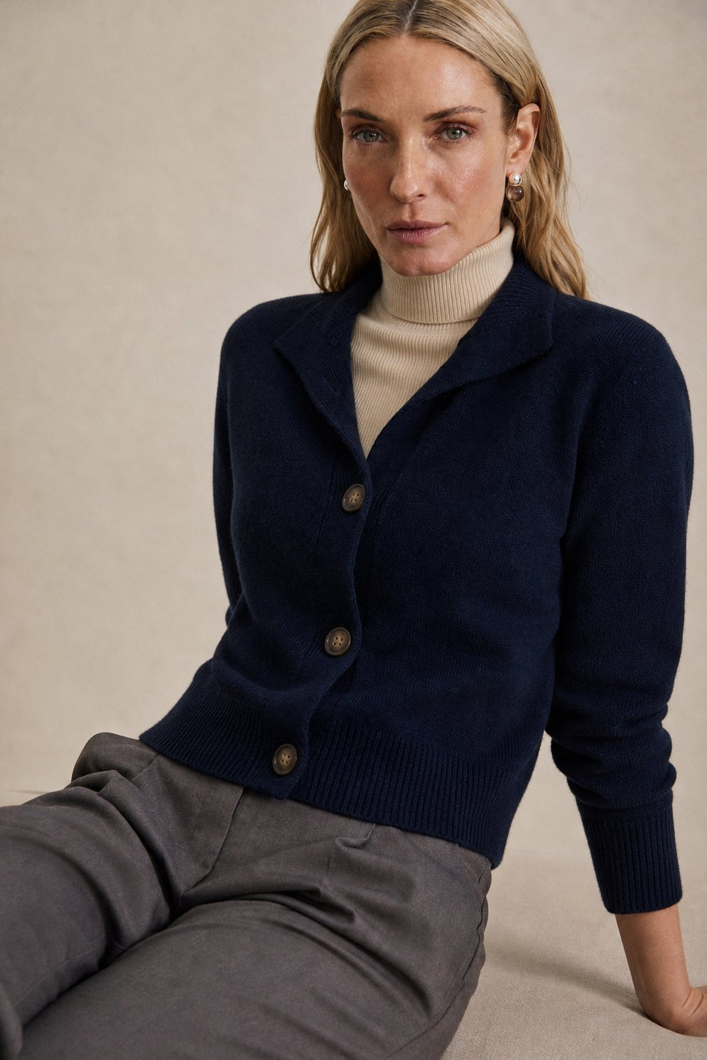 Dagny | Brushed Funnel Collar Button Front Knit Cardigan - View 3