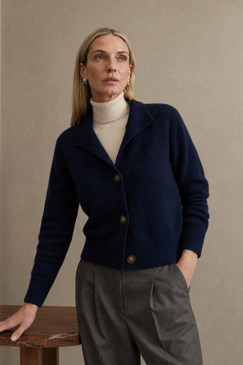 Dagny | Brushed Funnel Collar Button Front Knit Cardigan - View 4