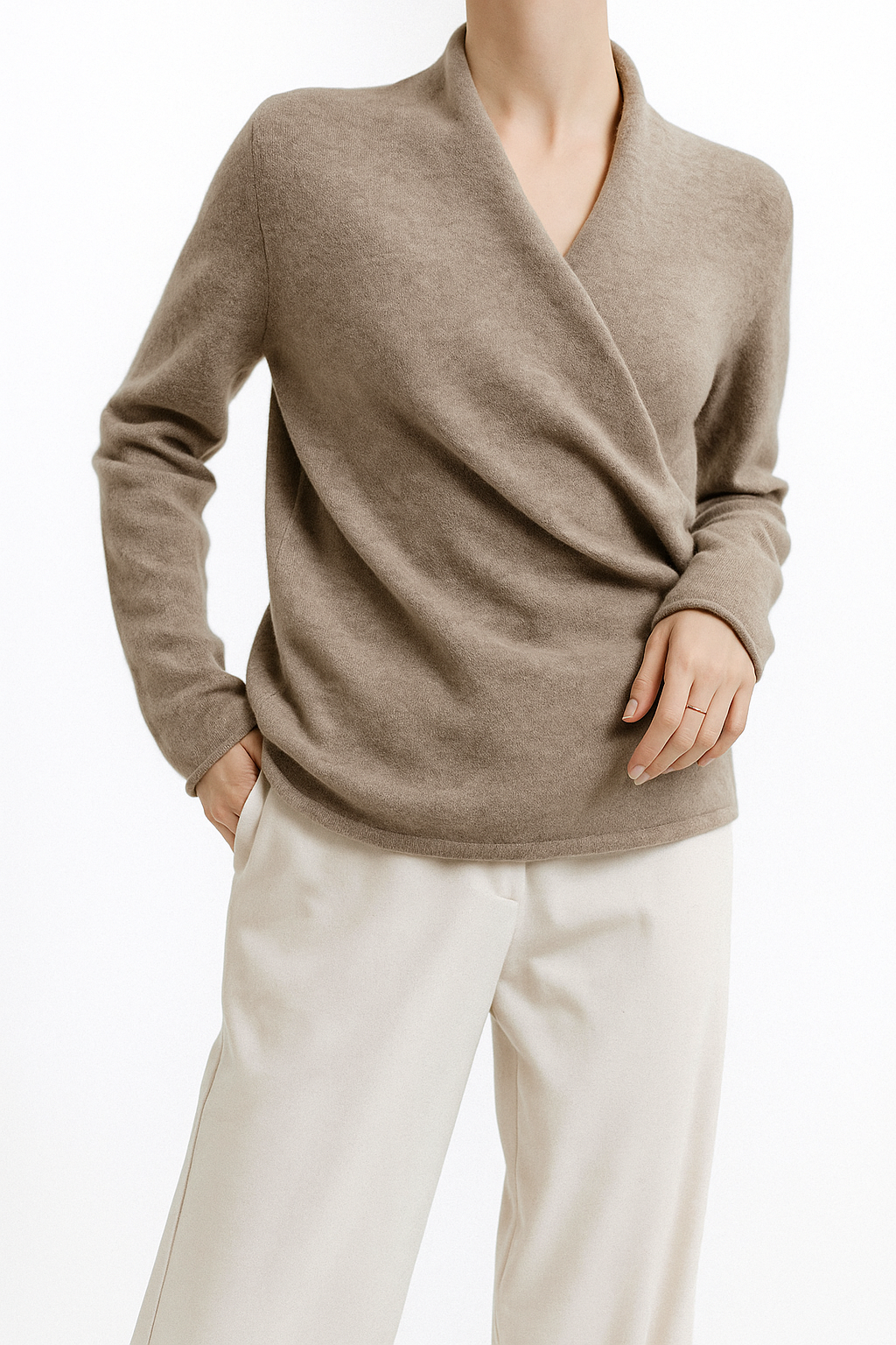 Delphine | Textured Wrap Front Shawl Collar Knit Sweater - View 12